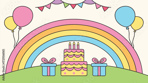 Cute cartoon birthday scene with rainbow cake balloons and presents fun celebration background