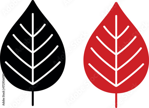 Two stylized leaves, one black and one red, symbolizing contrast or change.