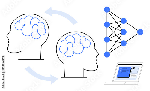 Two brains connected by arrows, neural network diagram, and laptop screen. Ideal for artificial intelligence, machine learning, neural network, human cognition, data exchange, education innovation