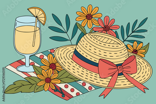  a whimsical still life with a straw hat, glass of lemonade, and colorful flowers, set against a vibrant turquoise background, capturing the essence of a warm summer day, detailed, photorealistic, h