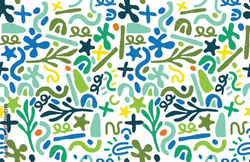 A colorful repeating pattern abstract shapes, leaves, swirls, and stars, on a white background.
