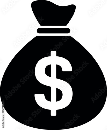 Black money bag with a white dollar sign symbolizes wealth and financial gain.