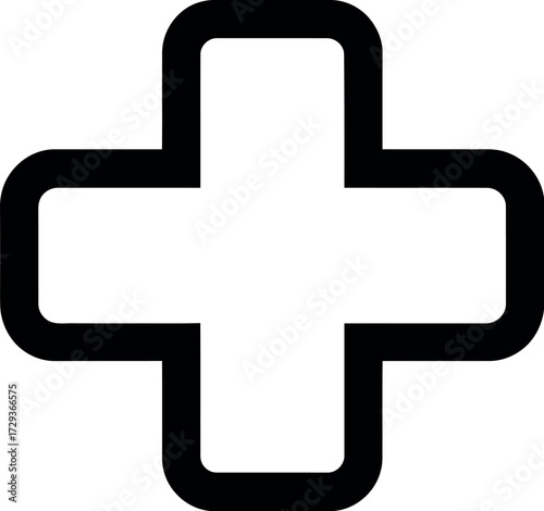 Simple, bold white cross with rounded corners on a black background, representing health and medical care.
