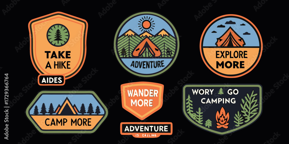 Naklejka premium Collection of retro style outdoor adventure patches with motivational slogans for hiking and camping