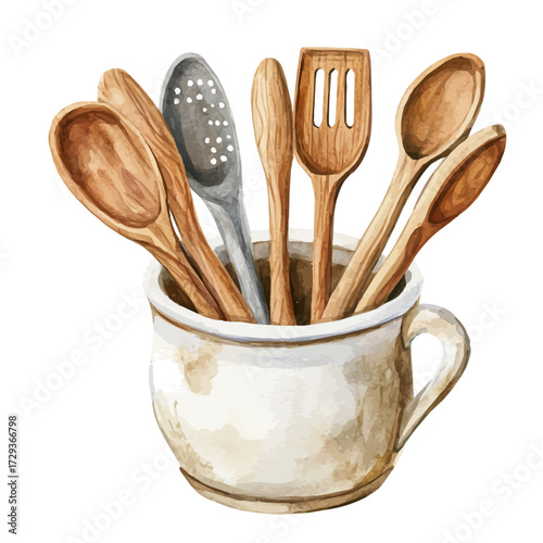 Wooden Kitchen Utensils In Ceramic Pot, watercolor vector, isolated on a white background.