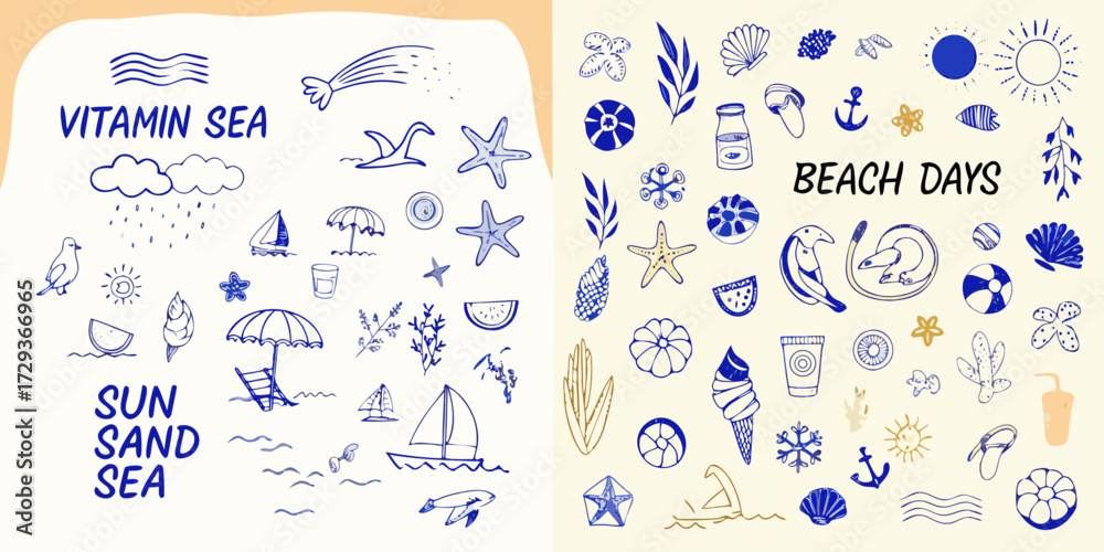 Obraz premium Collection of hand drawn beach and sea themed doodles and illustrations with vitamin sea and beach days text