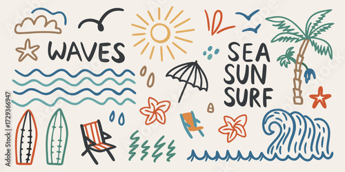 Hand drawn beach vacation elements featuring waves sun surf palm tree and beach chairs