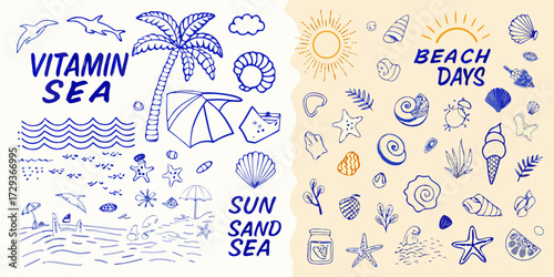 Collection of hand drawn beach and ocean elements with text for summer vacation and seaside enjoyment