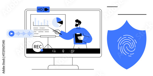 Professional delivering data insights in an online session monitor, interactive graphs, and audio record indicators. Ideal for data privacy, online learning, remote work, tech usability, analytics