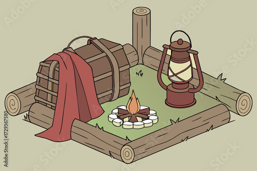  still life, wooden logs, campfire, outdoor equipment, lantern, thermos, marshmallows, red blanket, green background, minimalist, detailed, cinematic lighting, warm tones
