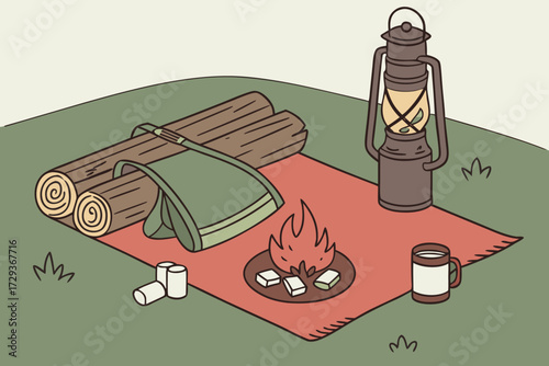  still life, wooden logs, campfire, outdoor equipment, lantern, thermos, marshmallows, red blanket, green background, minimalist, detailed, cinematic lighting, warm tones