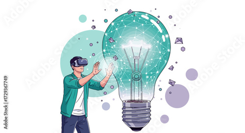 VR and Idea Generation: Man Interacting with Lightbulb Hologram Vector Illustration