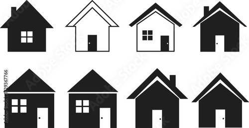 House icon collection, black and white vector set, architectural design elements, roof styles, chimney shapes, modern home silhouettes, minimal art