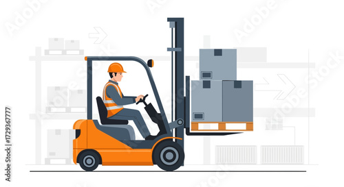 Warehouse Worker Operating Forklift Transporting Boxes, Logistics and Delivering Goods