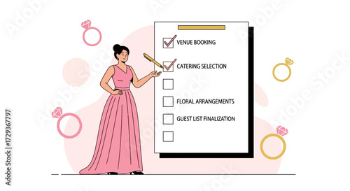Wedding planner checking tasks on a list for a ceremony organization plan illustration