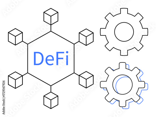Hexagonal blockchain network labeled DeFi surrounded by cubic nodes and two mechanical gears. Ideal for cryptocurrency, blockchain, decentralization, financial technology, innovation, distributed