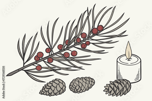  pine tree branch with red berries, rustic wooden table, pine cones, candle, minimalist, soft lighting, cinematic, detailed, 8k, natural, serene