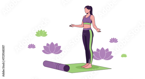Woman practicing yoga on a mat, surrounded by lotus flowers, wellness concept
