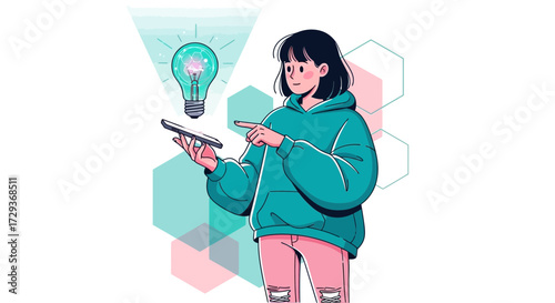 Woman using a tablet with brain idea lightbulb concept digital innovative creative