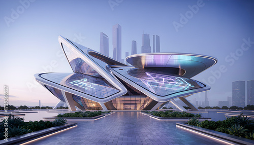 Futuristic architectural marvel with sleek glass and metallic surfaces glowing neon patterns and bold organic shapes standing against a skyline of towering skyscrapers at dusk