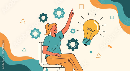 Woman with lightbulb having an idea and pointing with gears around brainstorming concept