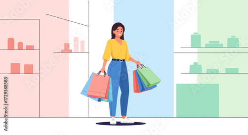 Woman with shopping bags in a store, retail shopping or consumerism concept illustration
