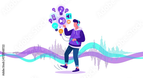 Young person listening to music with headphones and sound wave graphic illustration