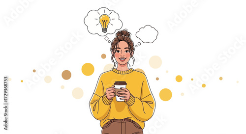 Young woman with a new idea holding coffee, innovation, and brainstorming concept vector art