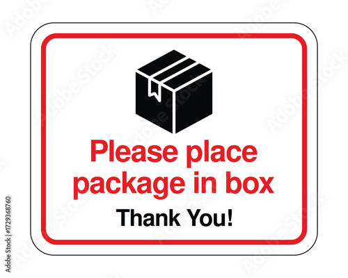 Package Placement Instruction Sign – White Background with Box Icon and Delivery Message High-Quality Vectorial Stock Image