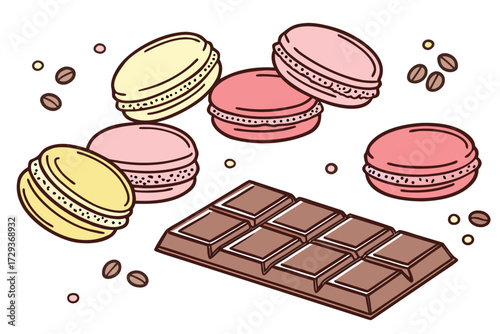 a colorful and modern still life of various desserts and confections, including macarons, cookies, chocolate bars, and other sweet treats, arranged in a visually appealing pattern against a plain w