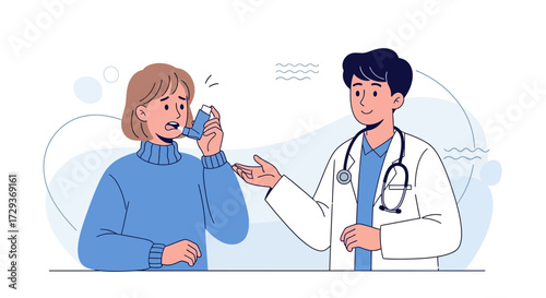 Patient Consultation And Asthma Inhaler Usage With A Medical Professional Present