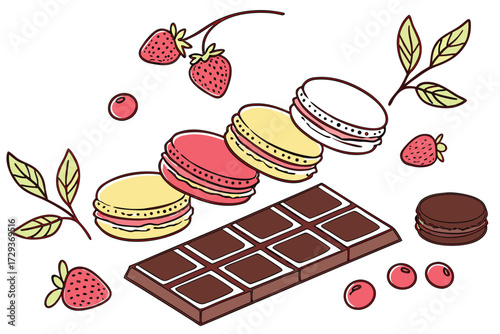  a colorful and modern still life of various desserts and confections, including macarons, cookies, chocolate bars, and other sweet treats, arranged in a visually appealing pattern against a plain w