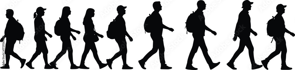 Fototapeta premium Silhouettes of diverse men and women with backpacks walking in a single file line for an outdoor trekking or travel adventure