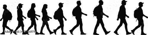 Silhouettes of diverse men and women with backpacks walking in a single file line for an outdoor trekking or travel adventure