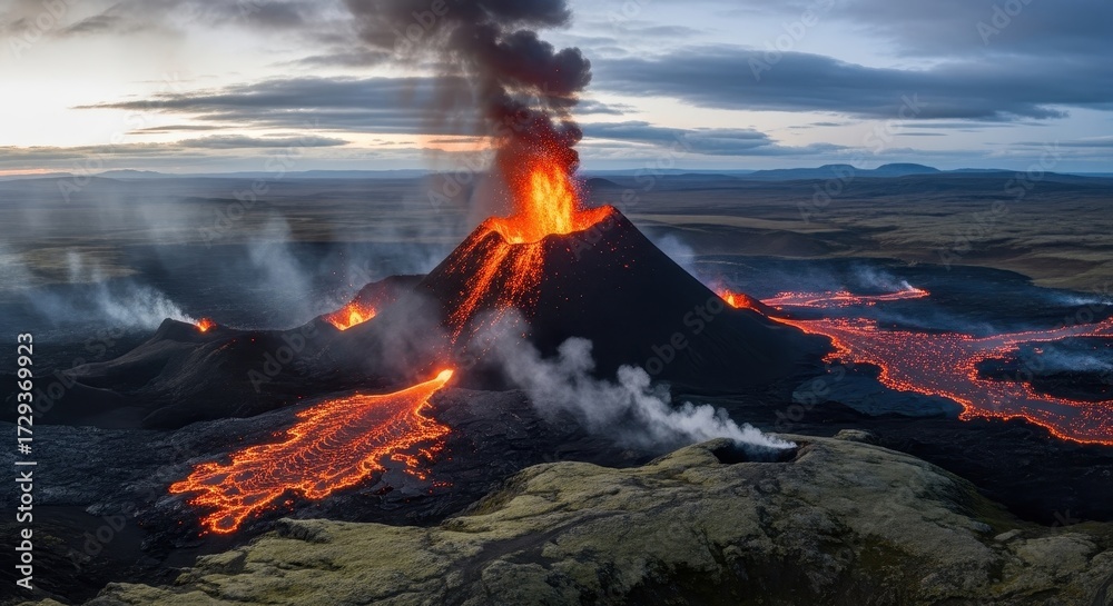 Fototapeta premium Fiery Volcano Eruption Spewing Lava and Smoke Across the Landscape