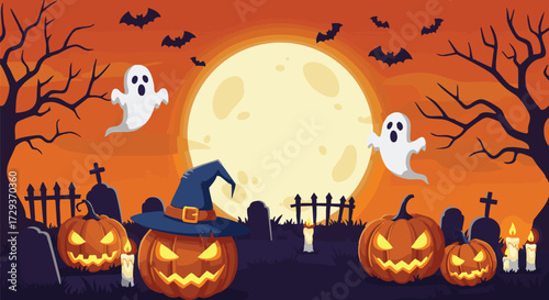Halloween Night Scene with Pumpkins, Ghosts and Bats