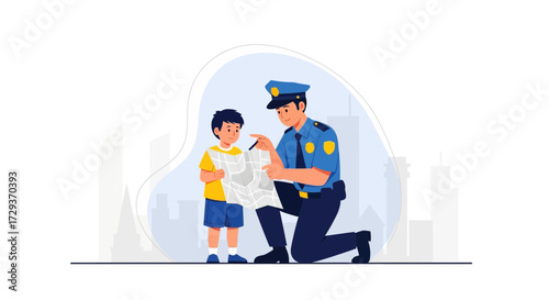 Police Officer Helping Young Boy With Map In Urban Setting Illustrations