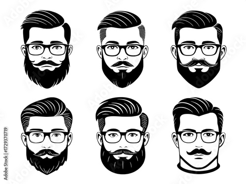 Six stylized frontal-view male faces, minimal detail aside from hair, mustache, beard, and glasses, designed in a sleek barbershop style.