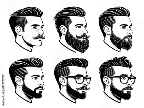Six stylized frontal-view male faces, minimal detail aside from hair, mustache, beard, and glasses, designed in a sleek barbershop style.