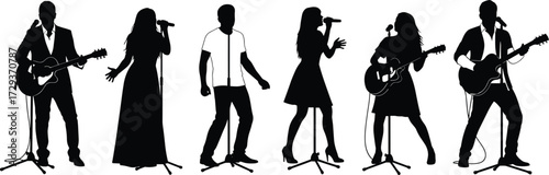 Musician silhouette collection, guitar players, singers, microphone stands, live performance, black graphic, vector illustration, editable icons, concert scene