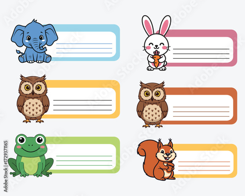Adorable Animal Name Tags Featuring an Elephant, Rabbit, Owl, Frog, and Squirrel for Organizing Items