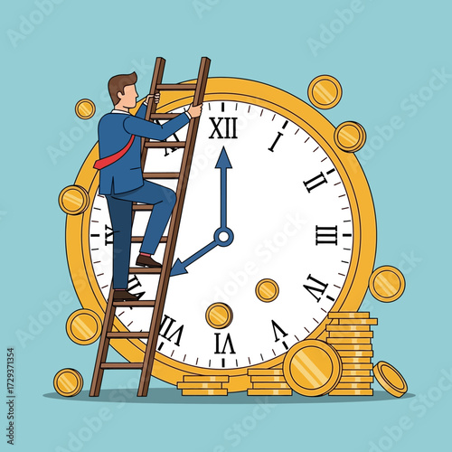 A businessman climbs a ladder towards a giant clock face surrounded by gold coins, symbolizing financial growth and time management.