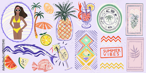 Vibrant summer collage featuring a woman in a bikini tropical fruits drinks and beach elements