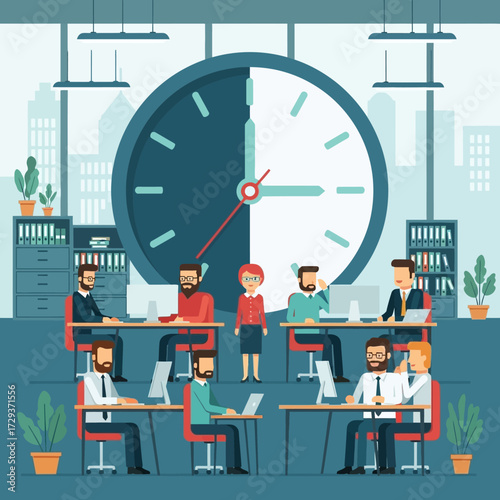 Office workers in a modern open-plan office with a large clock symbolizing time management and productivity.