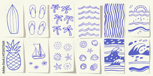 Collection of hand drawn blue summer beach vacation icons and elements on textured paper background