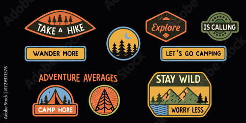 Collection of retro adventure patches and stickers with inspirational outdoor slogans on a black background
