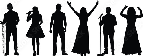 Performer silhouette collection, singing, speaking, expressive poses, microphone icons, concert scene, black graphic, vector illustration, editable stage design