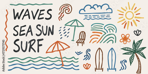 Hand drawn abstract summer beach vacation elements including waves sun surf palm tree and umbrellas