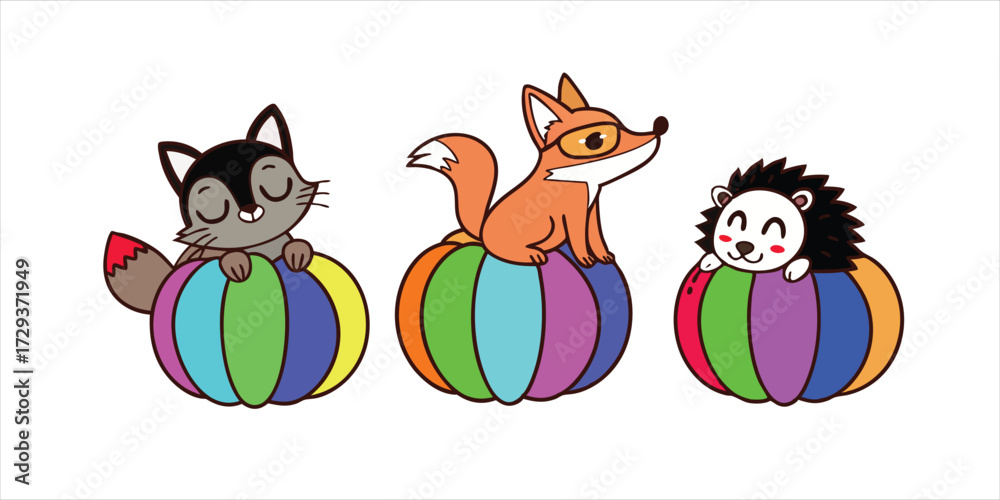 Obraz premium Cute Woodland Animals with Colorful Pumpkins Vector Set Featuring Fox Raccoon and Hedgehog for Autumn Designs 