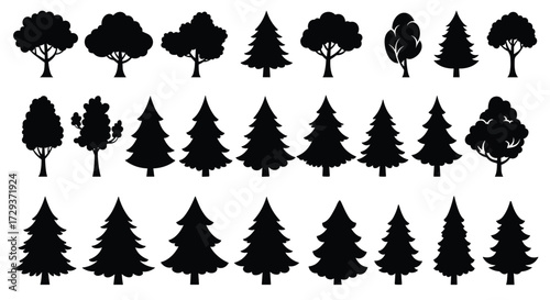 Tree silhouettes cad drawing flat vector illustration, assorted forest icons in three rows of varied foliage, front view nature layoutTree silhouettes cad drawing 